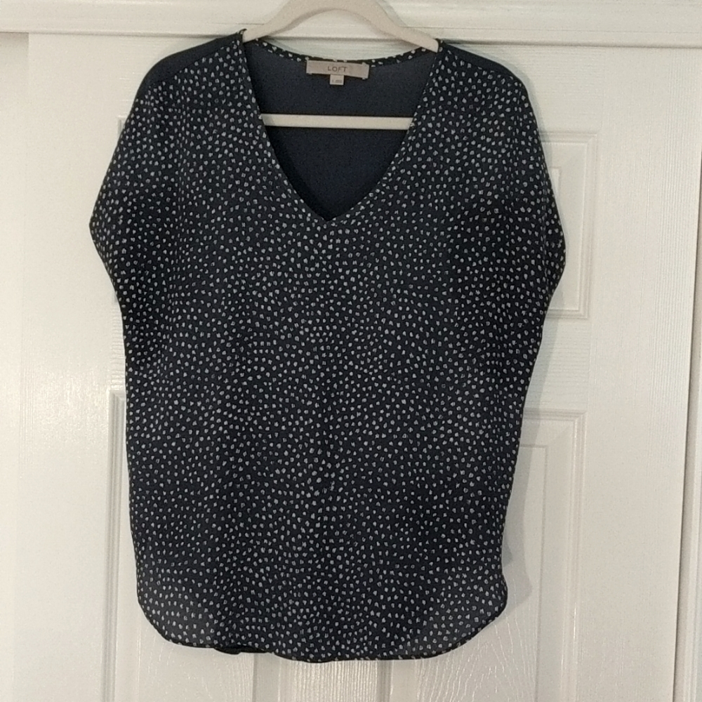 Loft Flowy blue and white top, graphic pattern